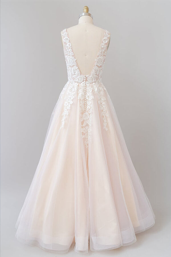 Long A-line V-neck Appliques Lace Tulle Backless Wedding Dress