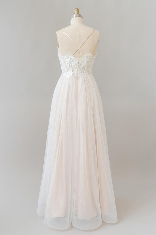 Long A-line V-neck Appliques Lace Tulle Backless Wedding Dress