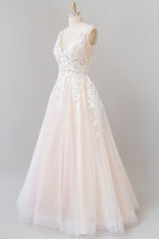 Long A-line V-neck Appliques Lace Tulle Backless Wedding Dress