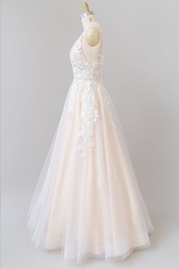 Long A-line V-neck Appliques Lace Tulle Backless Wedding Dress