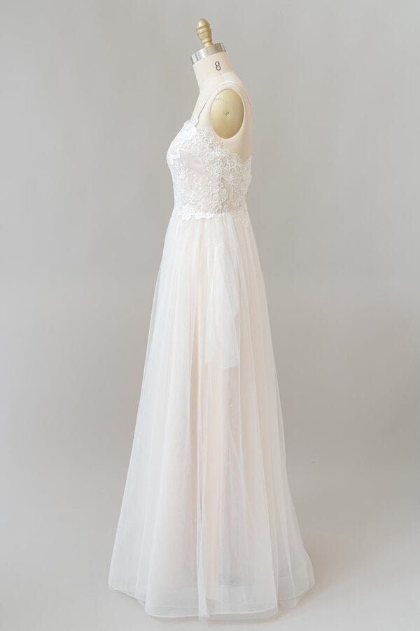 Long A-line V-neck Appliques Lace Tulle Backless Wedding Dress