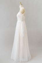 Long A-line V-neck Appliques Lace Tulle Backless Wedding Dress