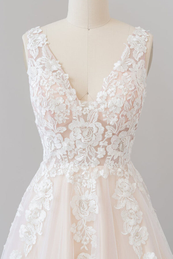 Long A-line V-neck Appliques Lace Tulle Backless Wedding Dress