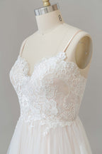Long A-line V-neck Appliques Lace Tulle Backless Wedding Dress