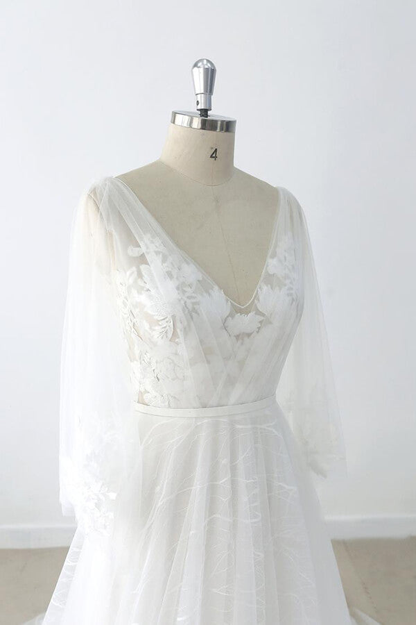 Long A-line V-neck Appliques Lace Tulle Backless Wedding Dress with Sleeves
