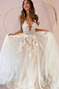 Long A-Line V-neck Appliques Lace Tulle Backless Wedding Dress