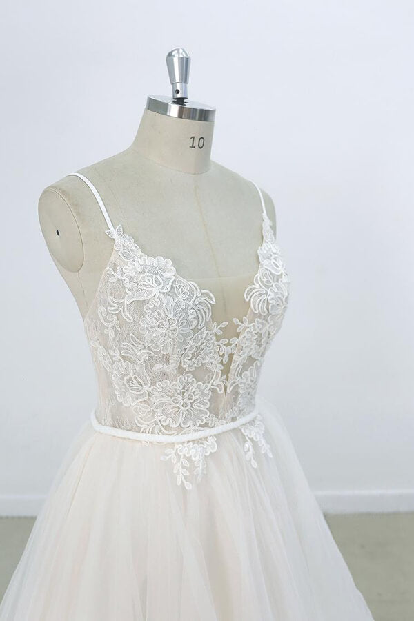 Long A-line V-neck Appliques Lace Tulle Wedding Dress