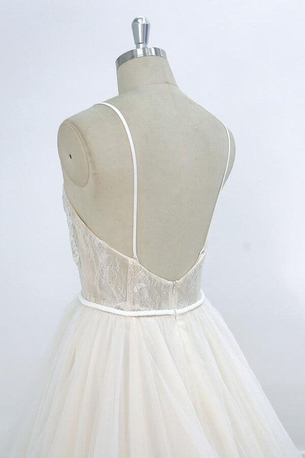 Long A-line V-neck Appliques Lace Tulle Wedding Dress