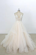 Long A-line V-neck Appliques Lace Tulle Wedding Dress