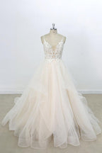 Long A-line V-neck Appliques Lace Tulle Wedding Dress