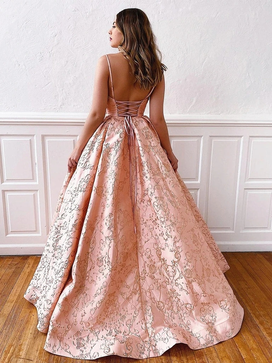 Long A-line V Neck Backless Lace Prom Dresses with Corset Back