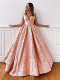 Long A-line V Neck Backless Lace Prom Dresses with Corset Back