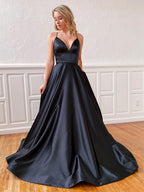 Long A-line V-neck Backless Satin Prom Dresses Black Open Back Formal Gowns