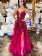 Long A-line V Neck Backless Tulle Lace Prom Formal Evening Dress with Slit
