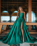 Long A-line V-neck Emerald Green Prom Dress With Slit