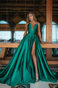 Long A-line V-neck Emerald Green Prom Dress With Slit
