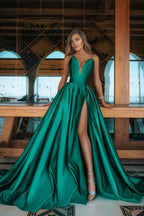 Long A-line V-neck Emerald Green Prom Dress With Slit
