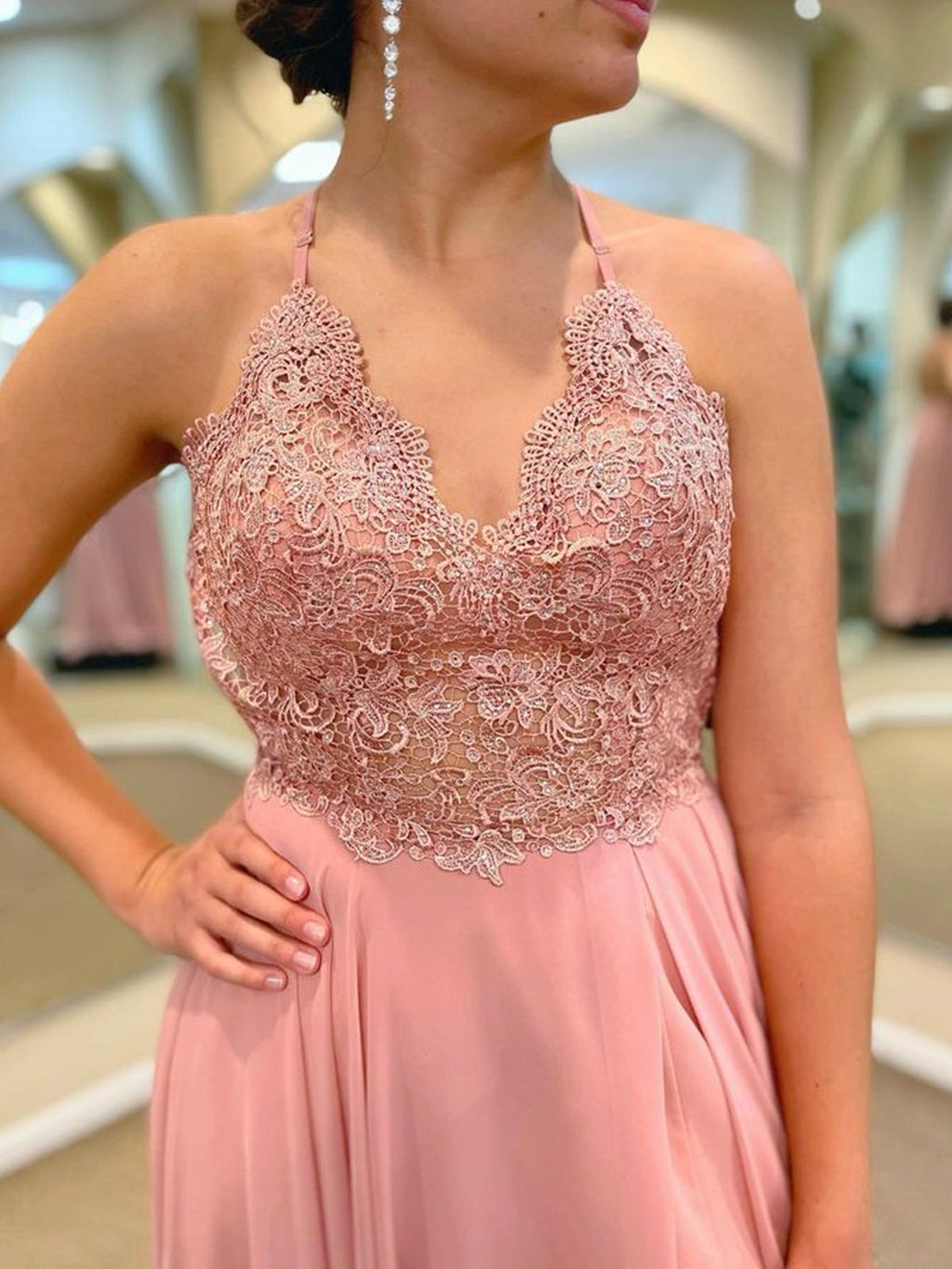 Long A-line V-neck Lace Chiffon Prom Dress with Slit Pink Formal Graduation Evening Dresses