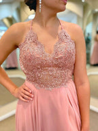 Long A-line V-neck Lace Chiffon Prom Dress with Slit Pink Formal Graduation Evening Dresses