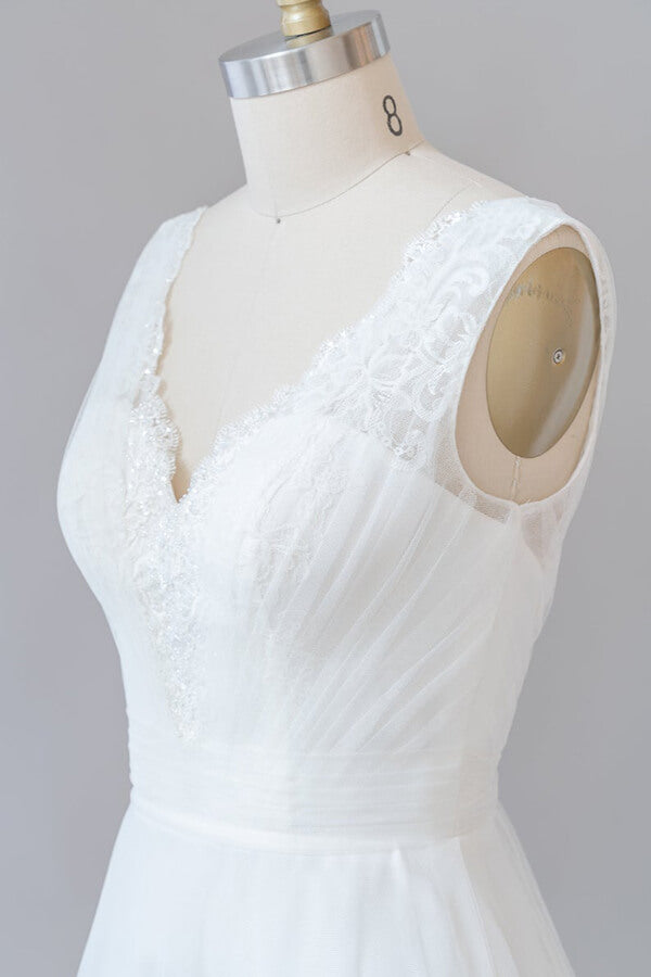 Long A-line V-neck Lace Tulle Backless Wedding Dress
