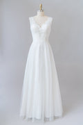 Long A-line V-neck Lace Tulle Backless Wedding Dress
