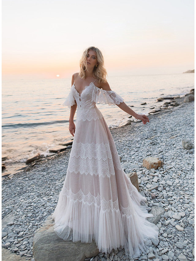 Long A-Line V Neck Lace Tulle Backless Wedding Dresses with Sleeves