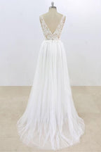Long A-line V-neck Lace Tulle Open Back Wedding Dress