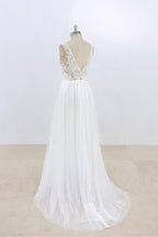 Long A-line V-neck Lace Tulle Open Back Wedding Dress