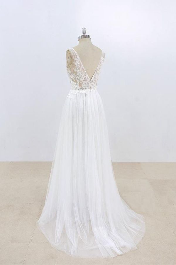 Long A-line V-neck Lace Tulle Open Back Wedding Dress
