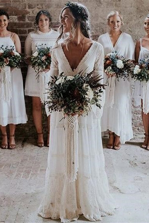 Long A-line V-neck Lace Tulle Wedding Dress with Sleeves