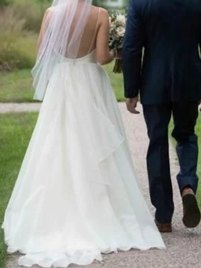 Long A-Line V Neck Satin Tulle Open Back Wedding Dresses