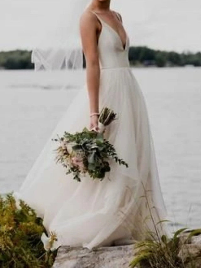 Long A-Line V Neck Satin Tulle Open Back Wedding Dresses