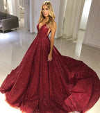 Long A-line V-neck Sequined Open Back Prom Dress