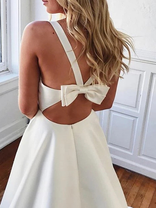 Long A-Line V Neck Stretch Satin Backless Wedding Dresses with Pockets