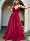 Long A-line V-neck Tulle Backless Prom Dress Burgundy Formal Evening Dresses