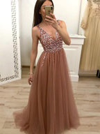 Long A-line V-neck Tulle Beading Formal Evening Prom Dresses