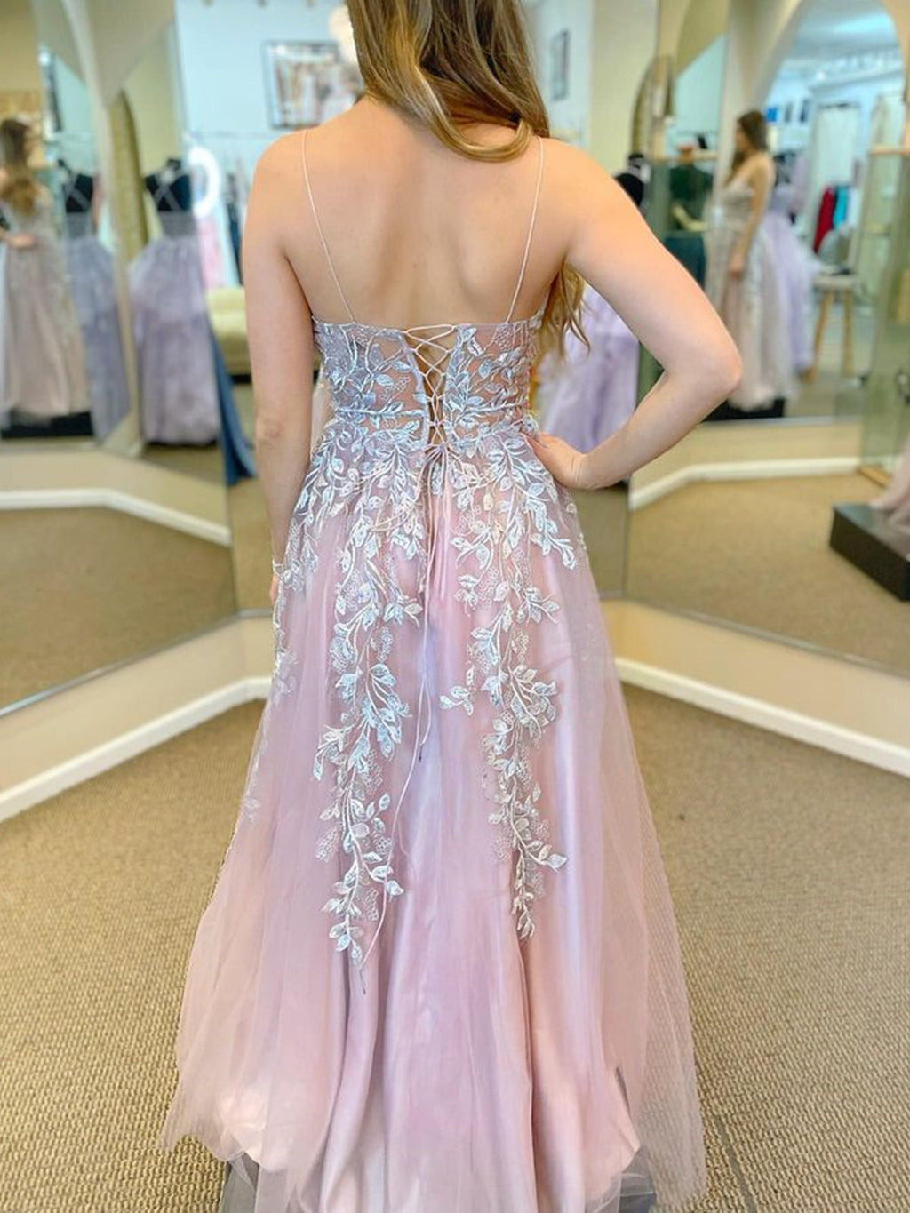 Long A-line V-neck Tulle Front Slit Formal Prom Dress with Lace Appliques