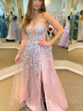 Long A-line V-neck Tulle Front Slit Formal Prom Dress with Lace Appliques