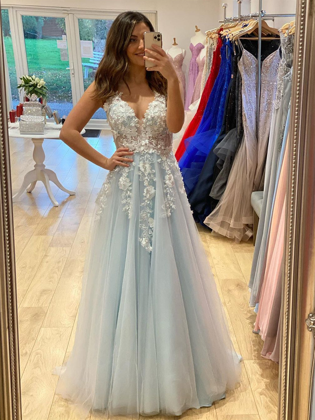 Long A Line V Neck Tulle Lace 3D Flowers Formal Graduation Prom Dresses