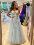Long A Line V Neck Tulle Lace 3D Flowers Formal Graduation Prom Dresses