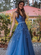 Long A-line V-neck Tulle Lace Appliques Formal Prom Dresses with Belt