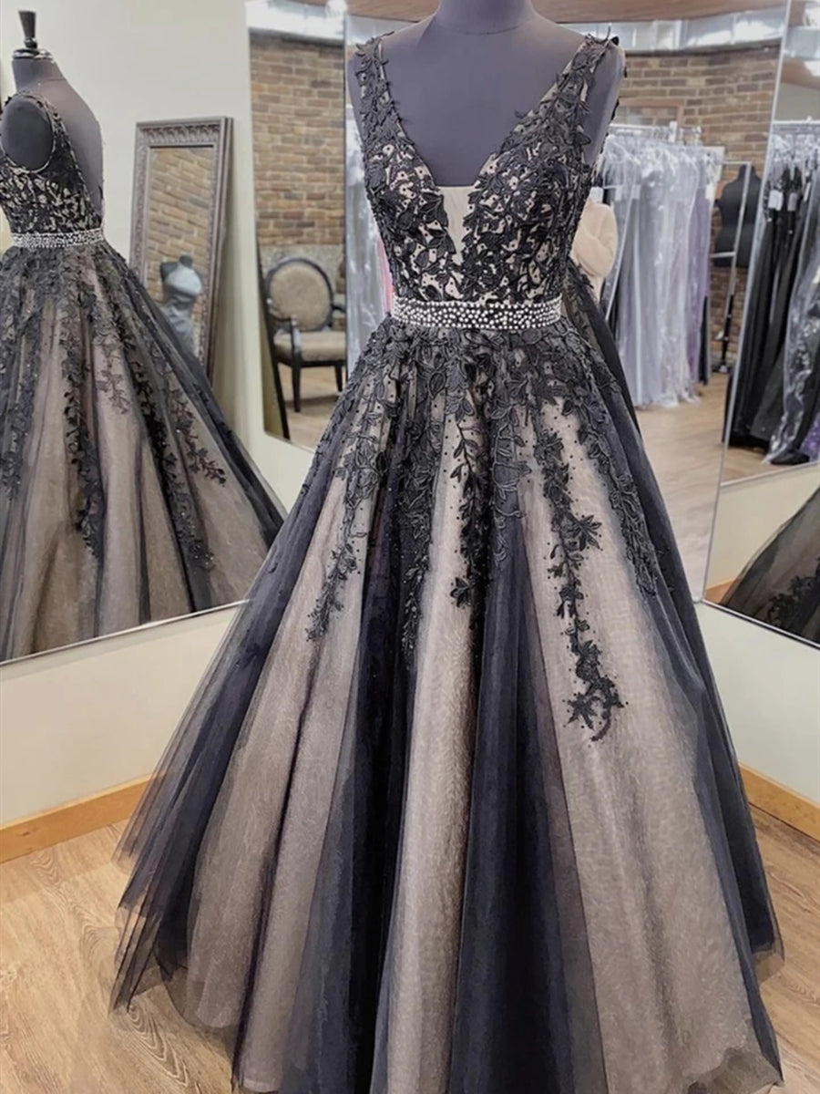 Long A-line V-neck Tulle Lace Backless Formal Evening Prom Dresses