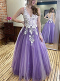 Long A-line V-neck Tulle Lace Floral 3D Flower Formal Prom Dresses