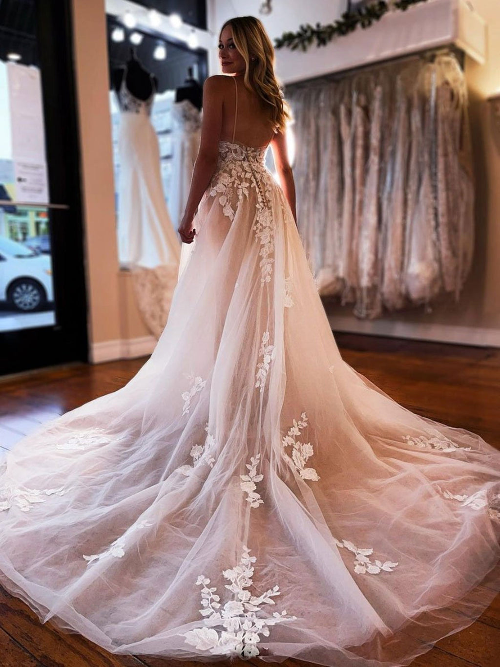 Long A-line V-neck Tulle Lace Floral Spaghetti Straps Backless Wedding Dresses