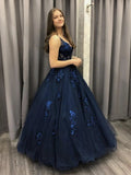Long A-line V-neck Tulle Lace Formal Evening Dresses Dark Navy Prom Dresses