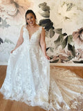 Long A-line V-neck Tulle Lace Open Back Wedding Dress White Bridal Gowns