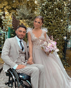 Long A-line V-neck Tulle Lace Wedding Dress with Fur Tulle Sweet Cape