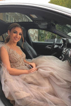 Long A-line V-neck Tulle Lace Wedding Dress with Fur Tulle Sweet Cape