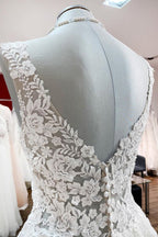 Long A-line V-neck Tulle Lace White Ruffles Wedding Dresses