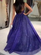 Long A Line V Neck Tulle Prom Dress Backless Formal Evening Gowns